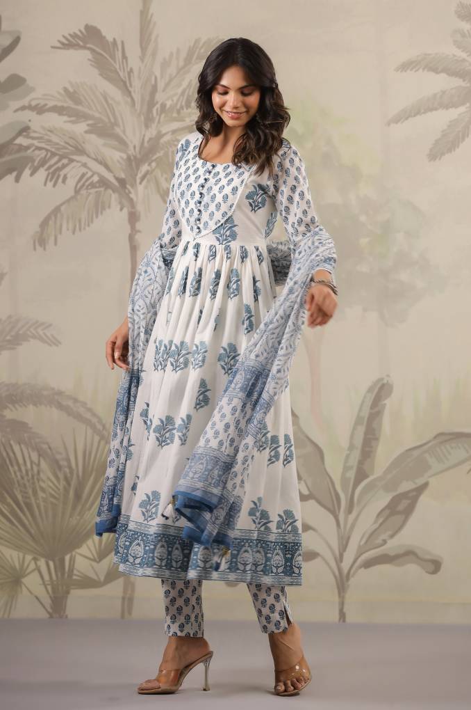 White and Blue Floral Printed Anarkali suit Set