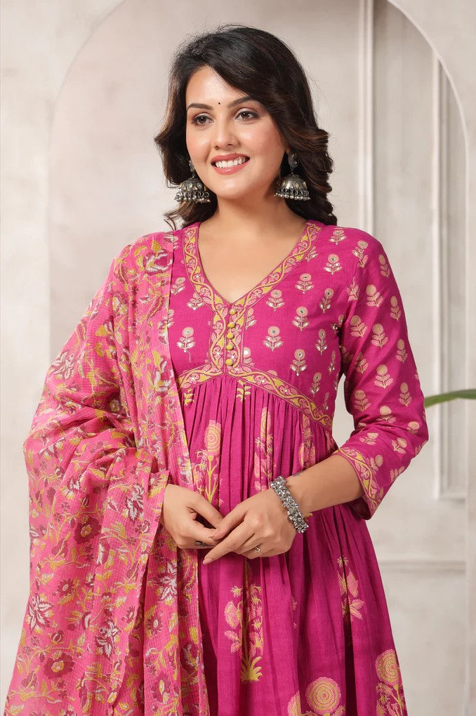 Pink Floral Printed Anarkali Kurta Set
