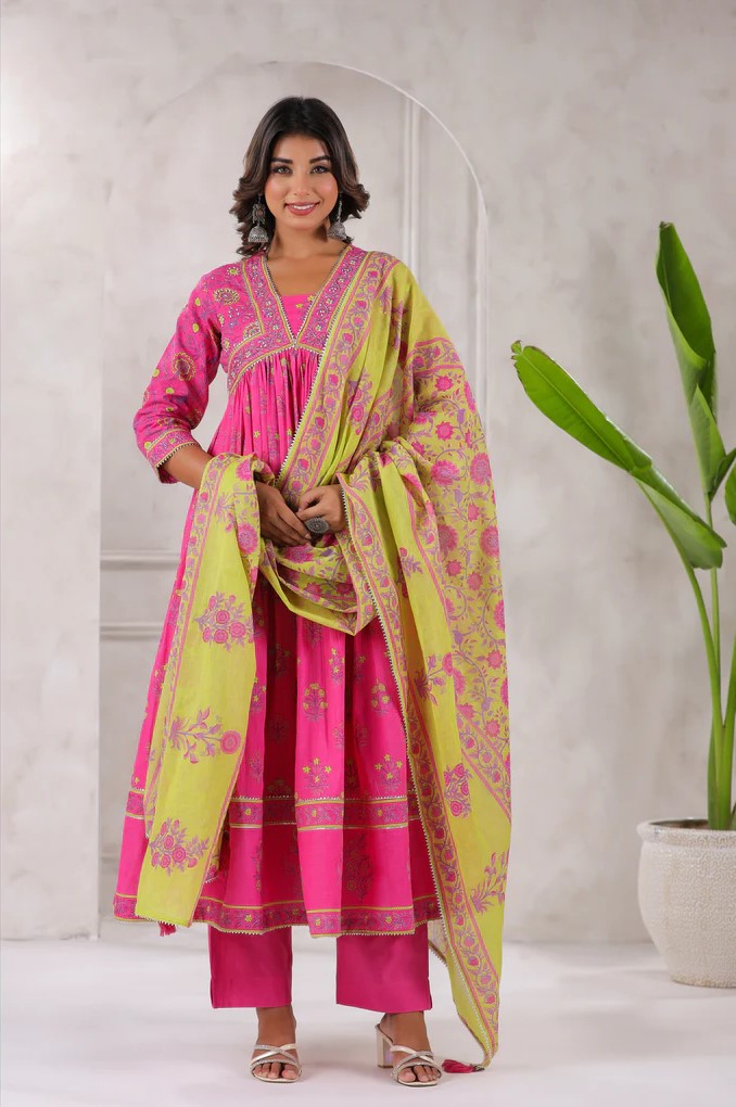 Pink Floral Printed Anarkali Kurta set