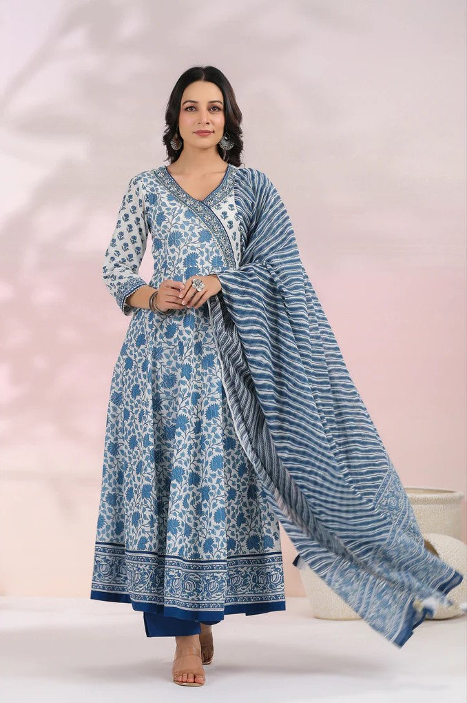 Blue and White Floral Printed Angrakha Kurta Set