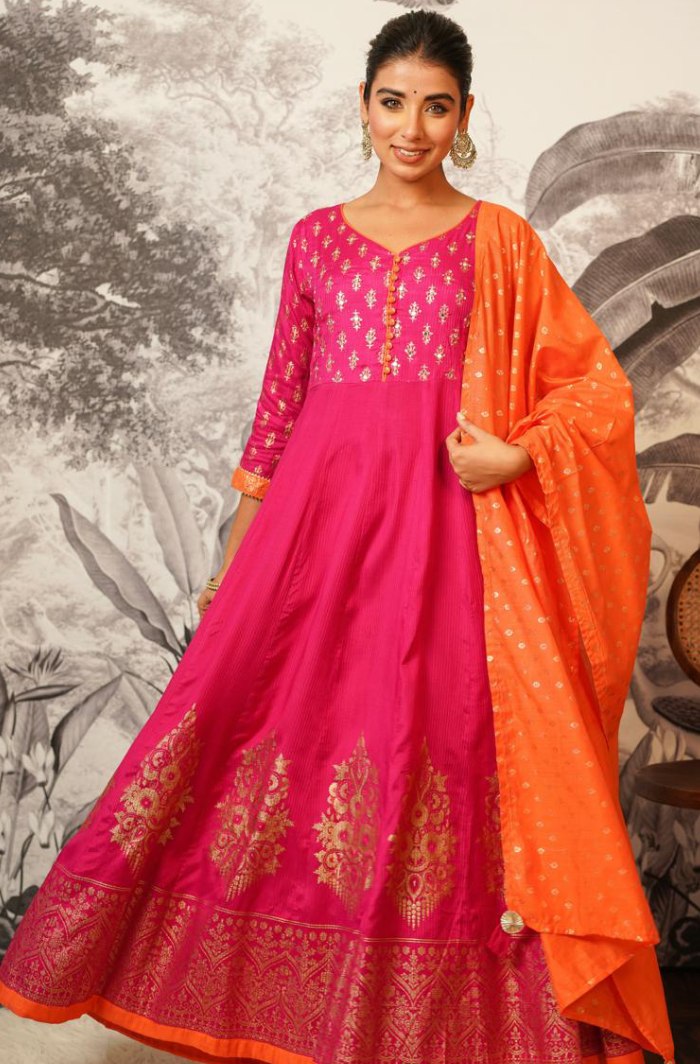 Fiery Elegance: Magenta Anarkali with Orange Dupatta and Foil Accents