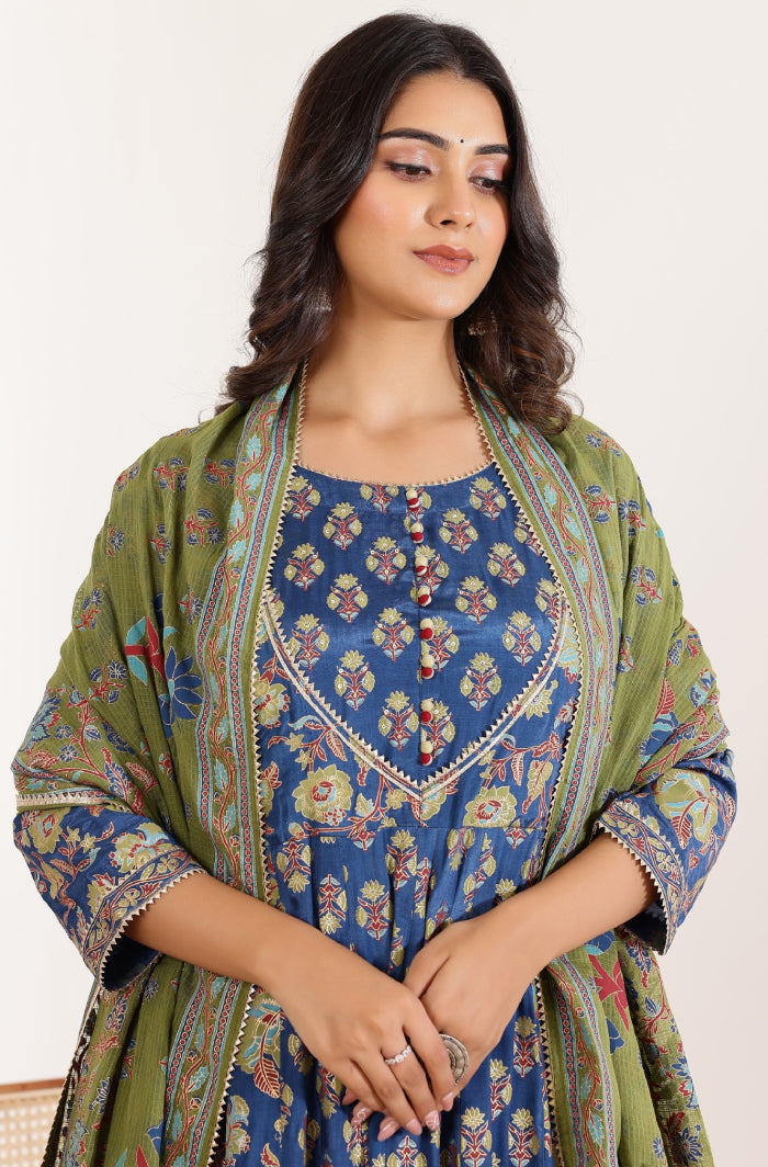 Modern Grace: Blue Anarkali Dress with Floral Dupatta and Sequined Detailing