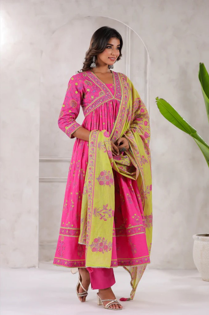 Pink Floral Printed Anarkali Kurta set