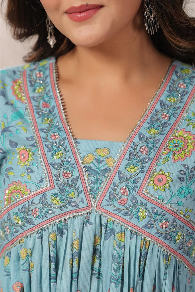Blue Floral Printed Anarkali Kurta Set