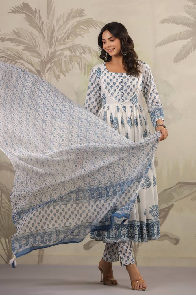 White and Blue Floral Printed Anarkali suit Set