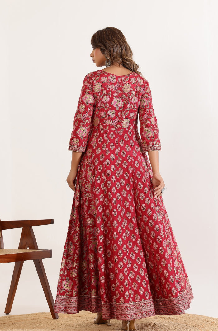 Red Floral Printed Anarkali Dress with Floral Printed Dupatta