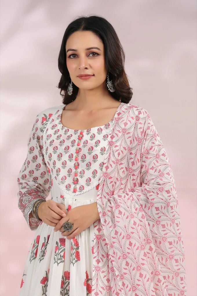 White and Red Floral Printed Anarkali Suit Set