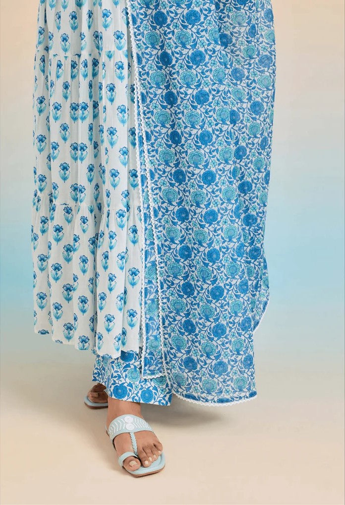 Blue and White Floral Printed Anarkali Kurta Set