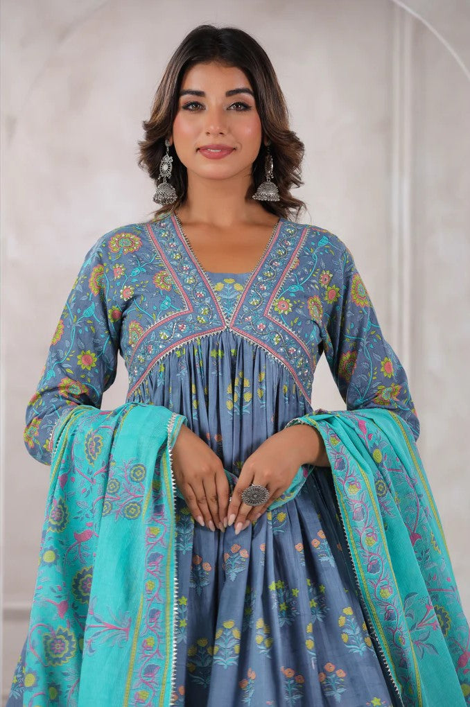 Grey Floral Printed Anarkali Kurta Set