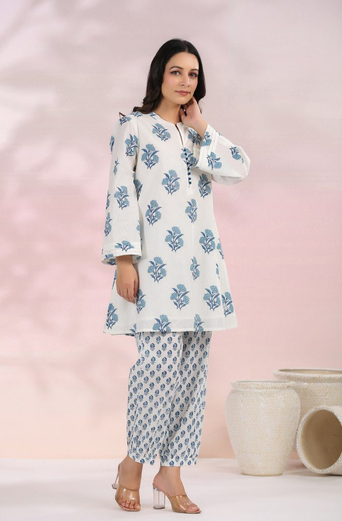 The White-Blue Floral Printed Coord Set