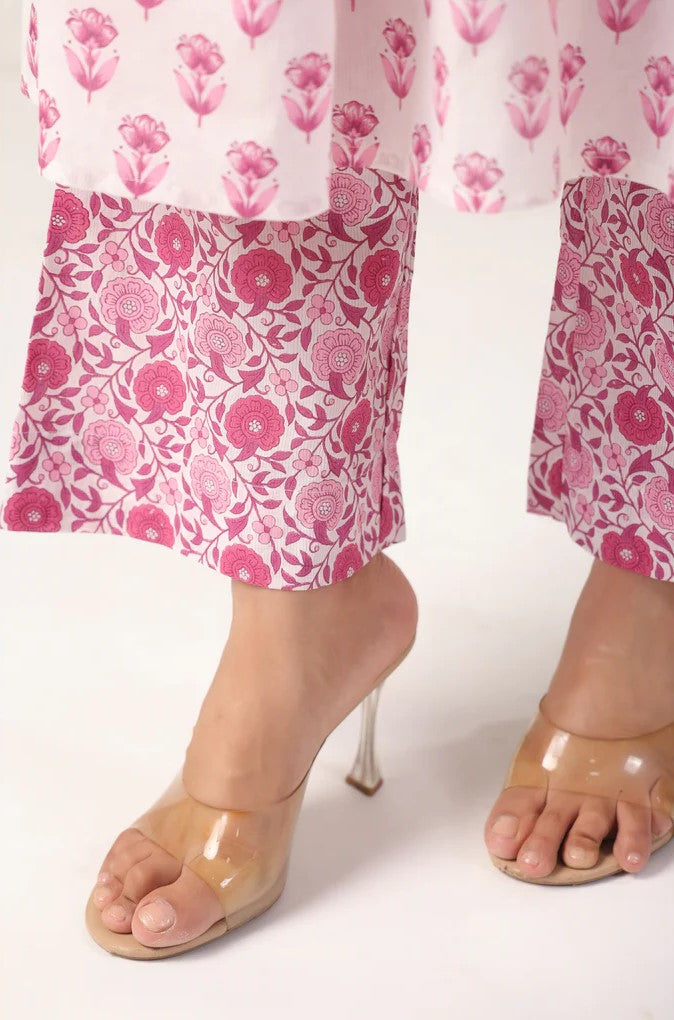 Pink and White Floral Printed Anarkali Kurta Set