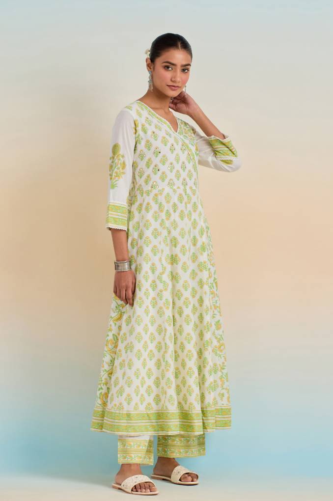 Refined Grace: White and Green Floral Anarkali with Printed Bottom, Lace Yoke, and Floral Dupatta