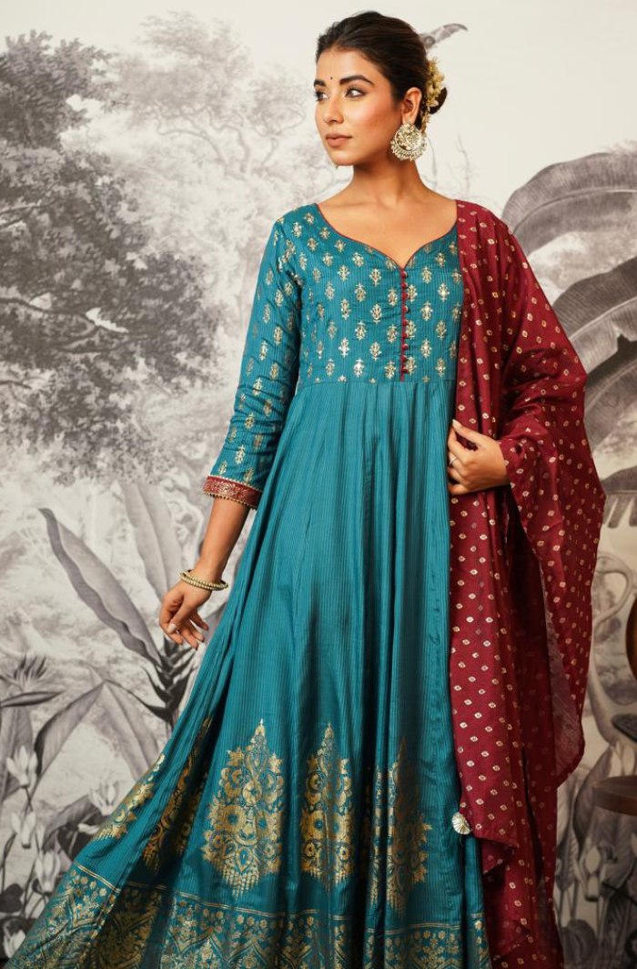 Teal Tranquility: Anarkali with Foil Prints and Tassel Dupatta