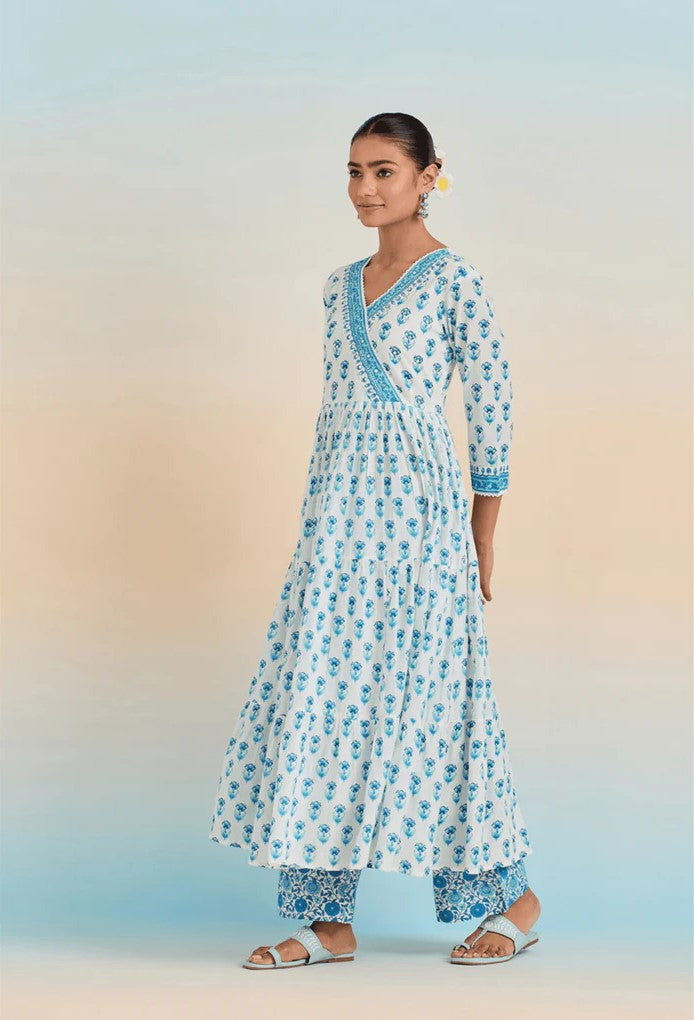Blue and White Floral Printed Anarkali Kurta Set