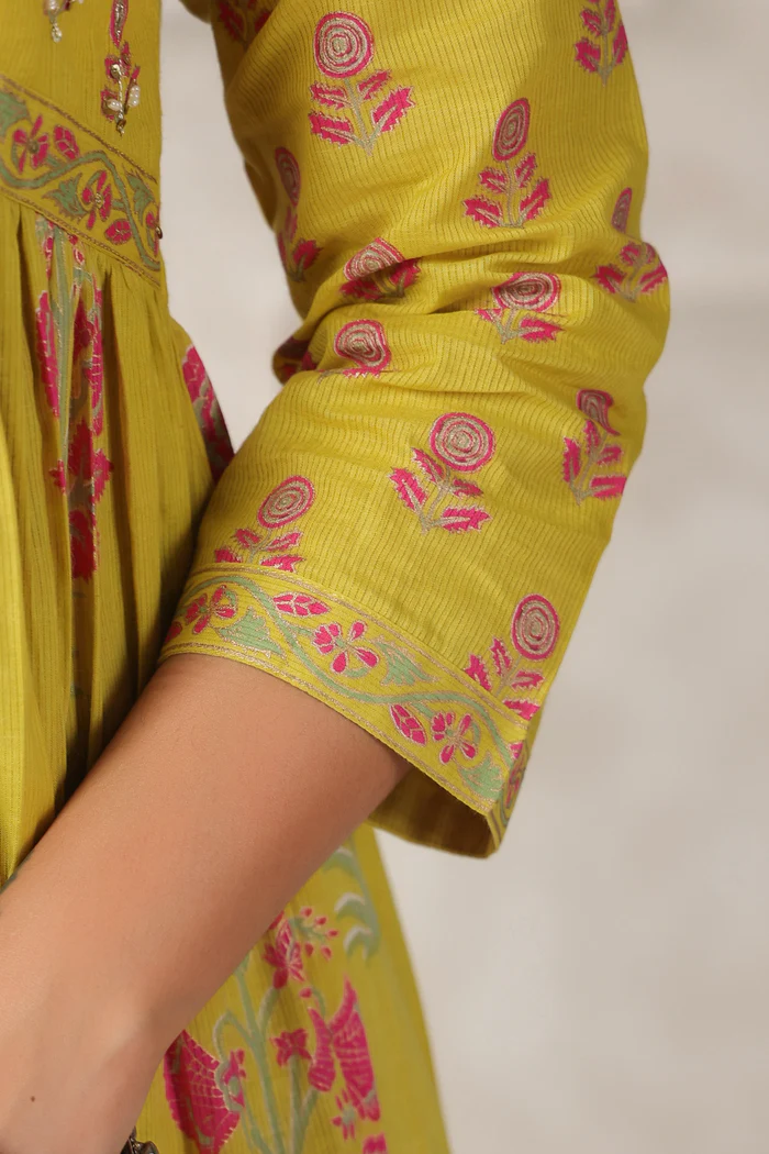 Mustard Yellow Floral Printed Anarkali Kurta Set