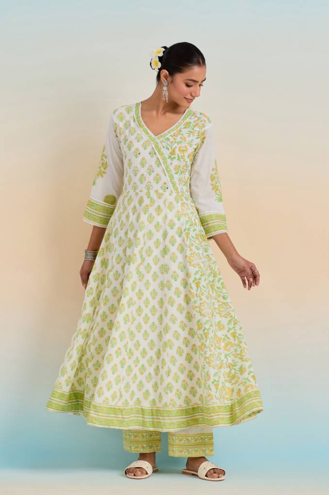 Refined Grace: White and Green Floral Anarkali with Printed Bottom, Lace Yoke, and Floral Dupatta