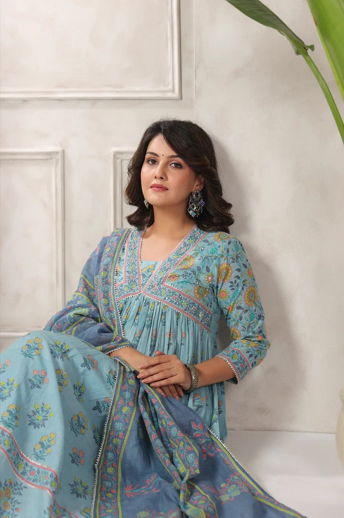 Blue Floral Printed Anarkali Kurta Set