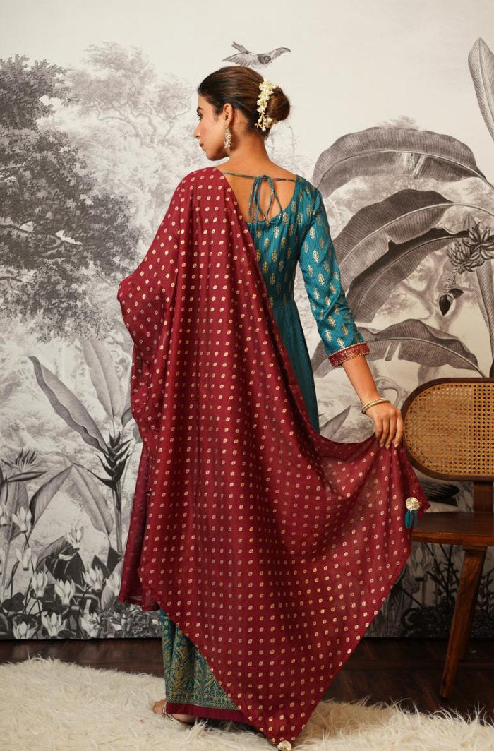 Teal Tranquility: Anarkali with Foil Prints and Tassel Dupatta
