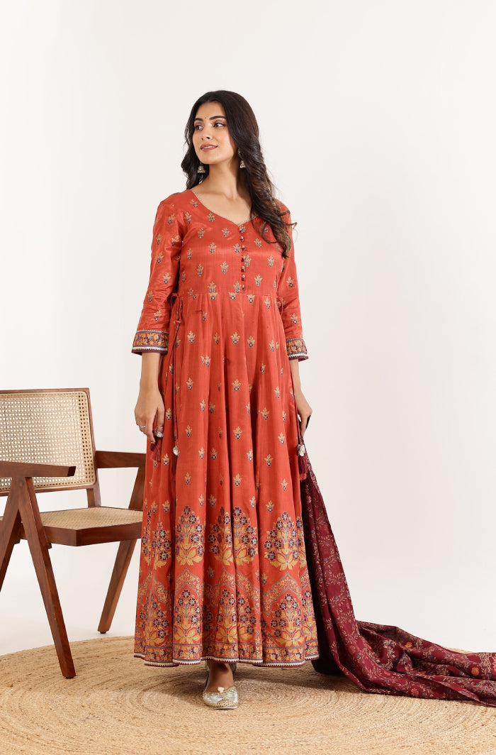 Orange Floral Anarkali Dress with Floral Jaal Printed Dupatta