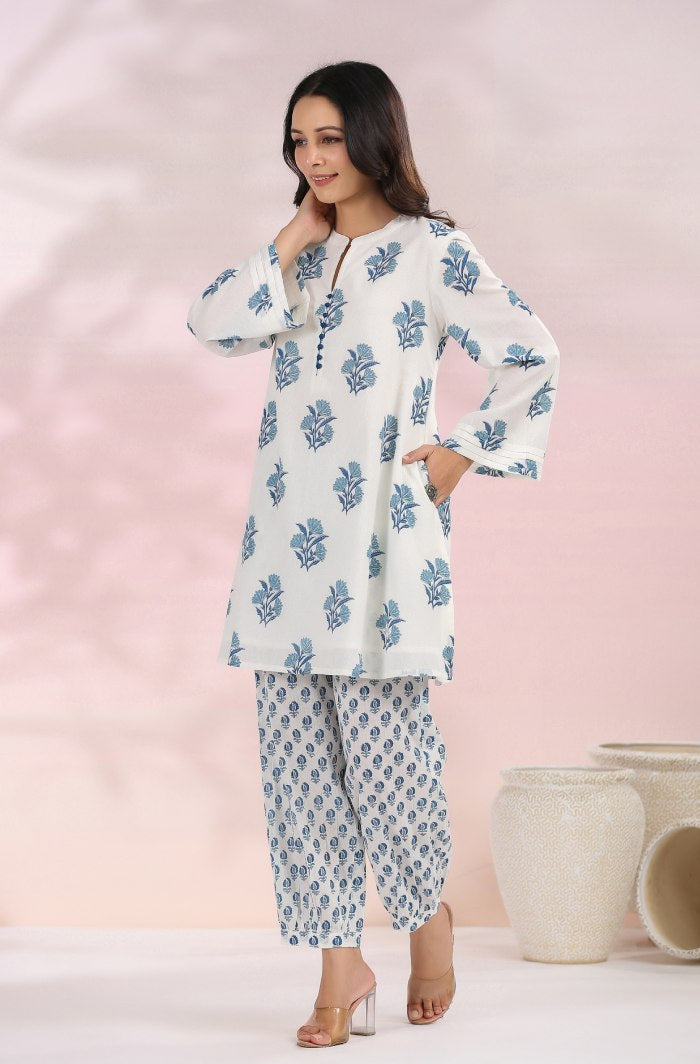 The White-Blue Floral Printed Coord Set