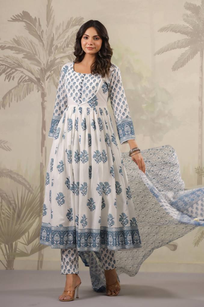 White and Blue Floral Printed Anarkali suit Set