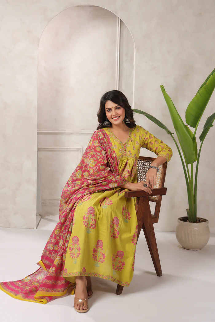 Mustard Yellow Floral Printed Anarkali Kurta Set