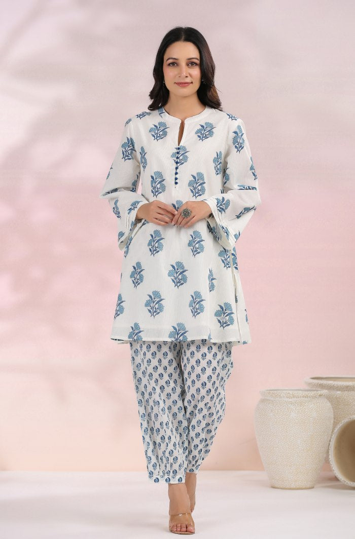 The White-Blue Floral Printed Coord Set