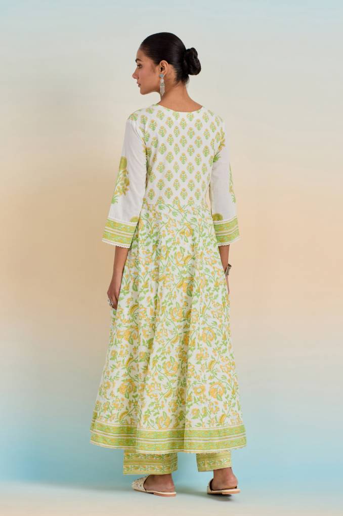 Refined Grace: White and Green Floral Anarkali with Printed Bottom, Lace Yoke, and Floral Dupatta