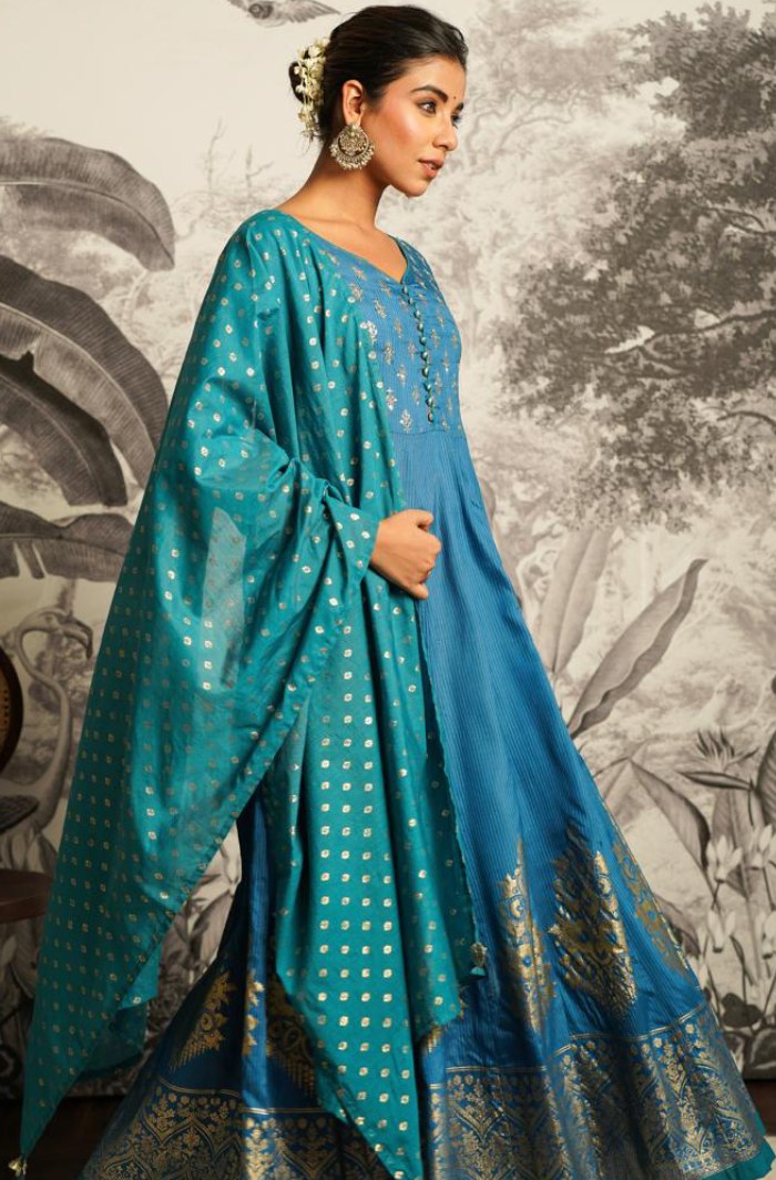 Shimmering Blue: Elegance in Anarkali and Printed Dupatta
