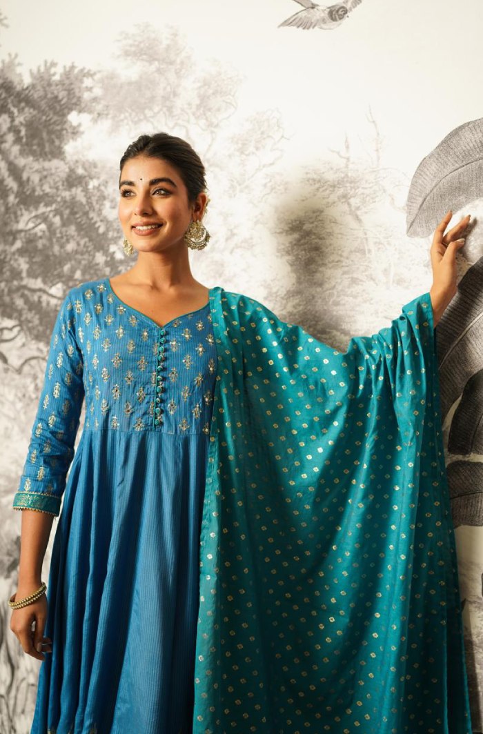 Shimmering Blue: Elegance in Anarkali and Printed Dupatta