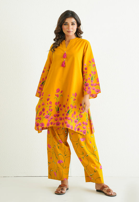 YELLOW FLORAL PRINTED CO-ORD SET WITH FARSI SALWAR PANTS