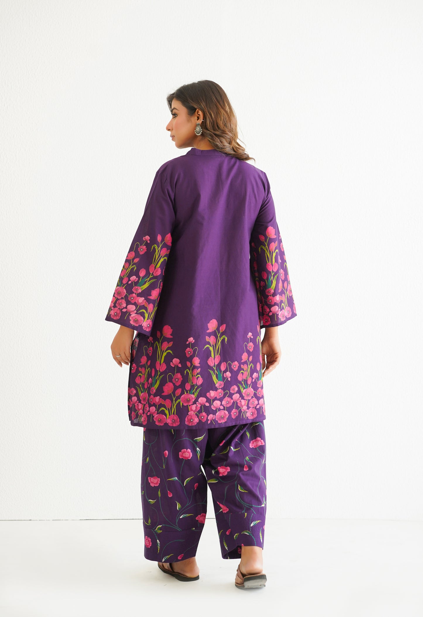 WINE FLORAL PRINTED CO-ORD SET WITH FARSI SALWAR PANTS