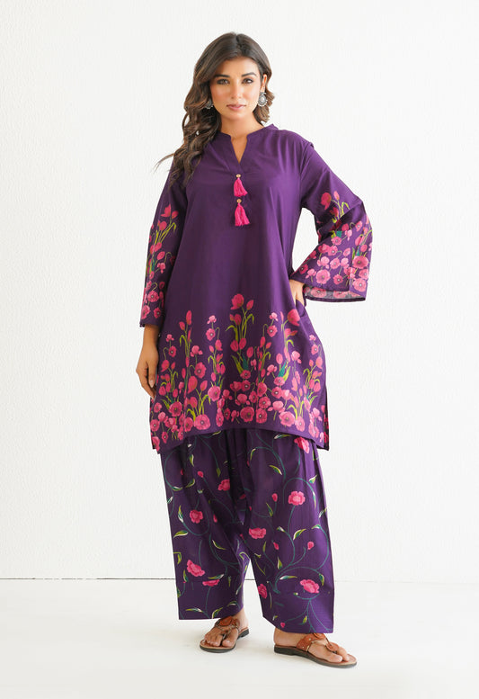 WINE FLORAL PRINTED CO-ORD SET WITH FARSI SALWAR PANTS