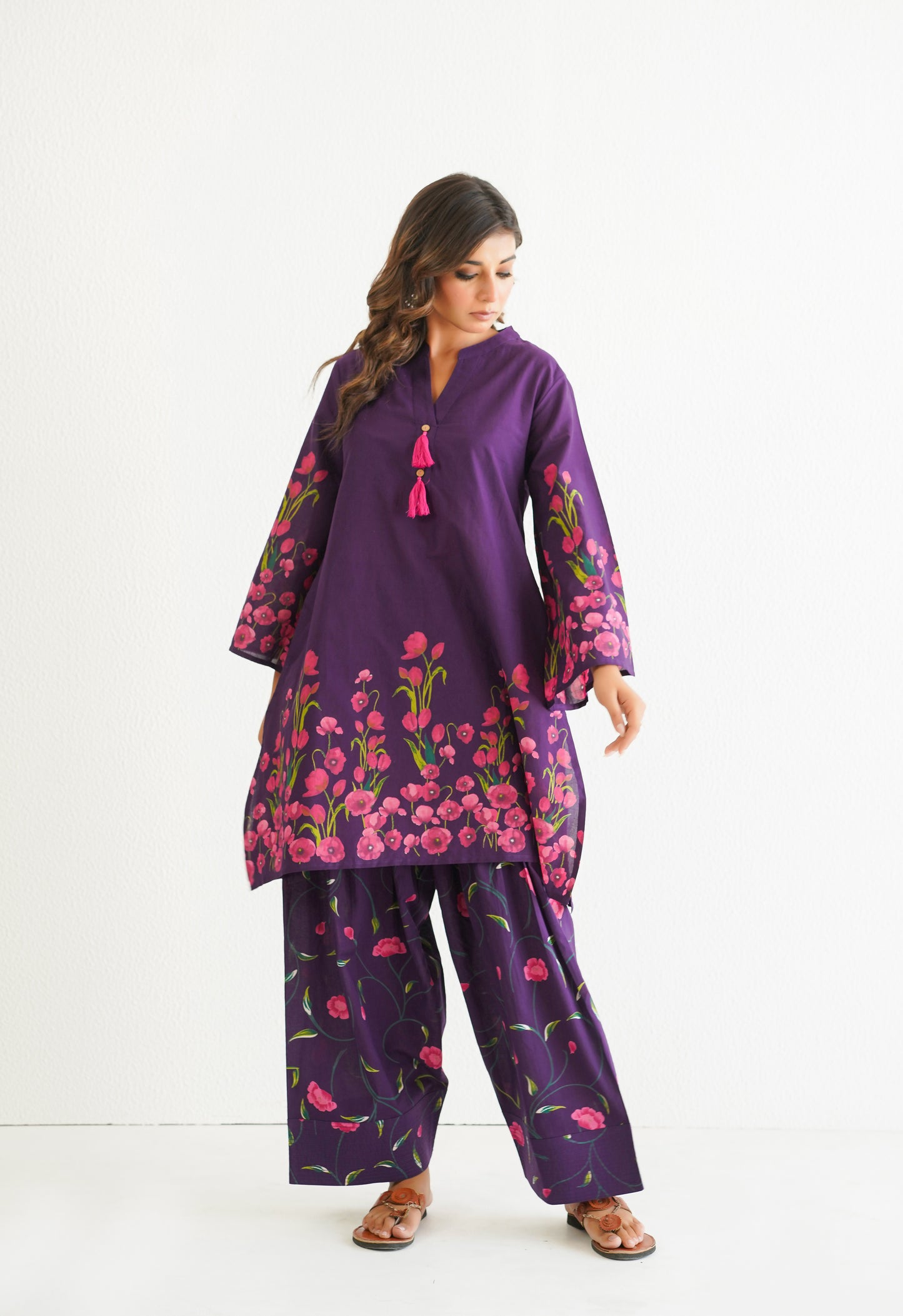 WINE FLORAL PRINTED CO-ORD SET WITH FARSI SALWAR PANTS