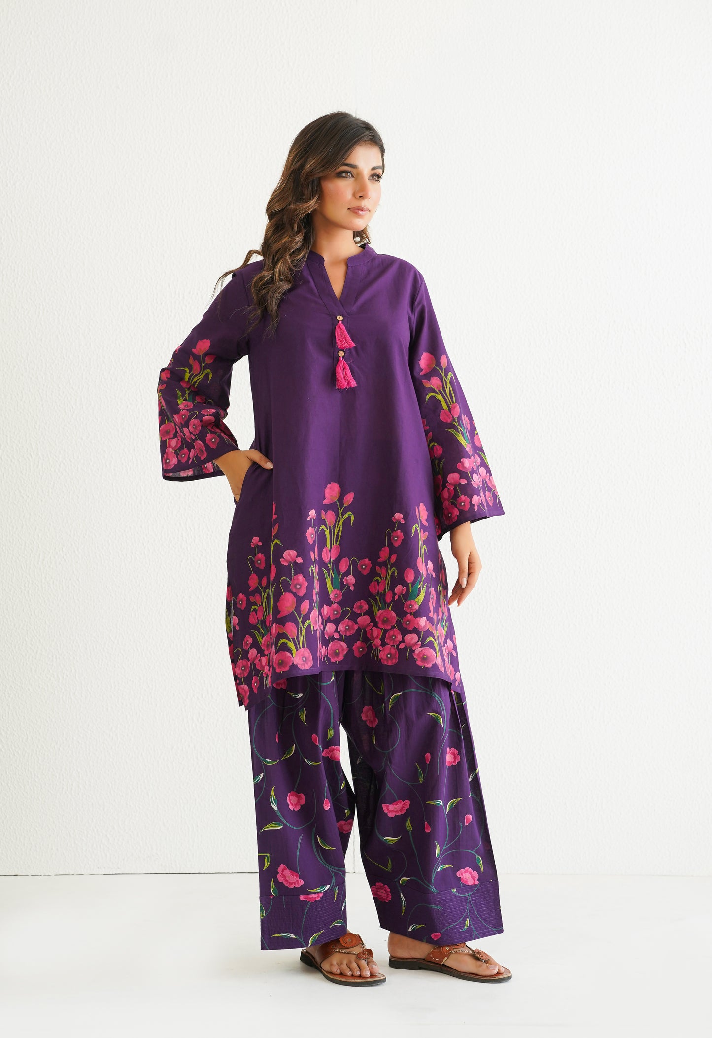 WINE FLORAL PRINTED CO-ORD SET WITH FARSI SALWAR PANTS