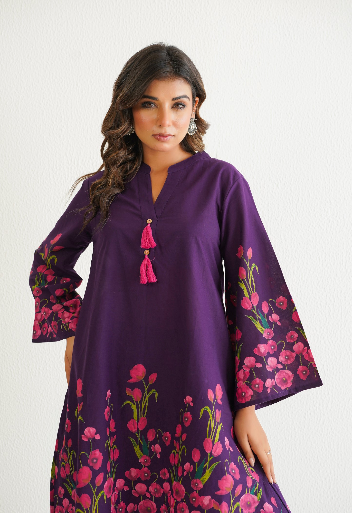 WINE FLORAL PRINTED CO-ORD SET WITH FARSI SALWAR PANTS