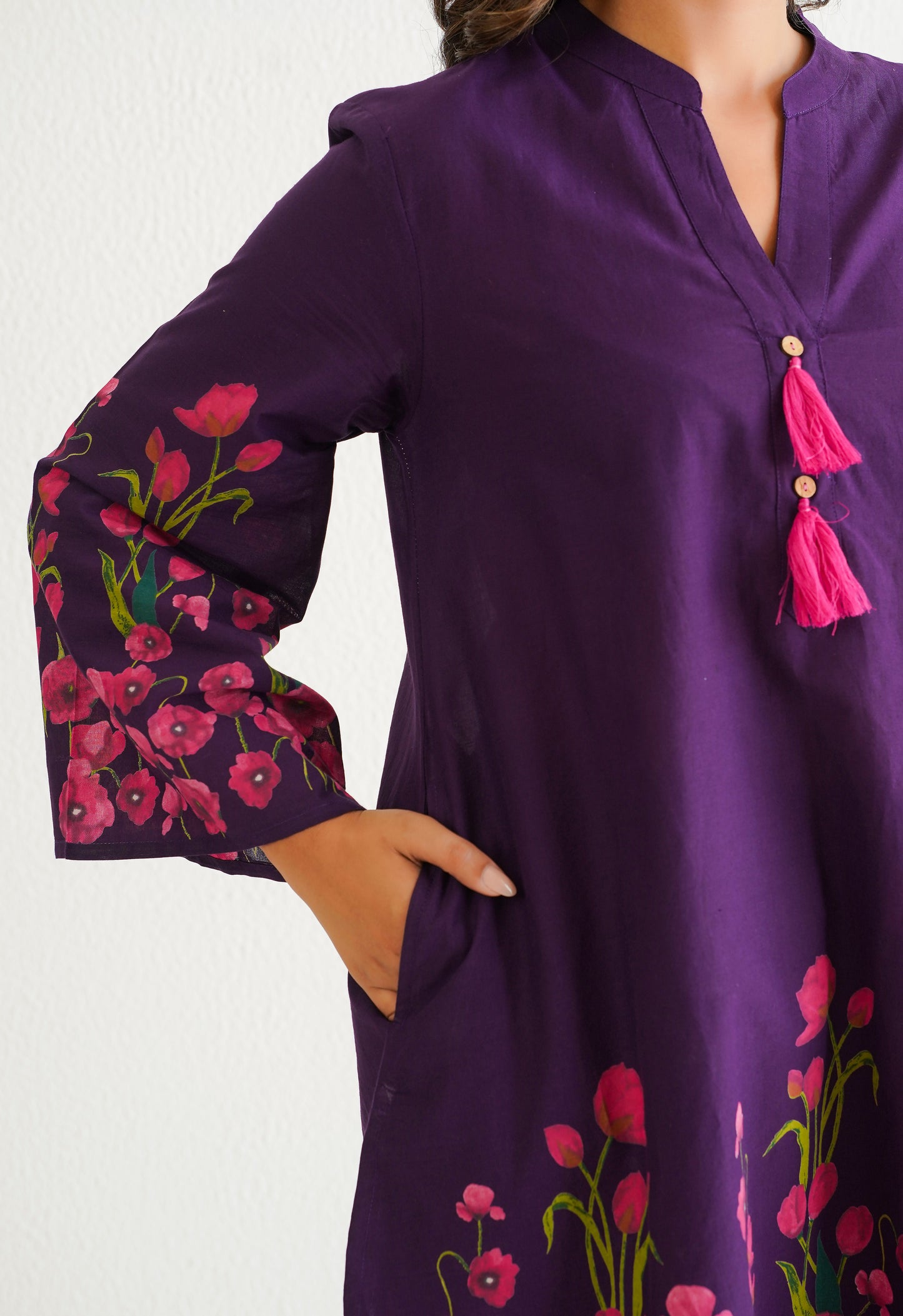 WINE FLORAL PRINTED CO-ORD SET WITH FARSI SALWAR PANTS