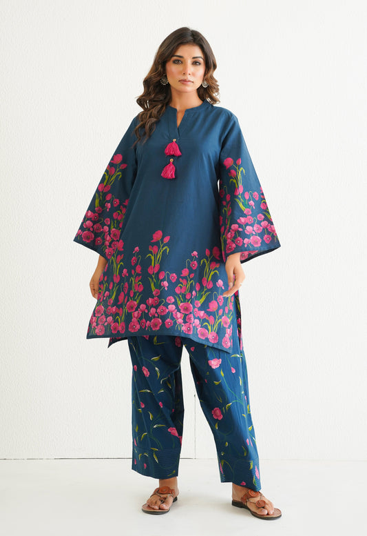 BLUE FLORAL PRINTED CO-ORD SET WITH FARSI SALWAR PANTS