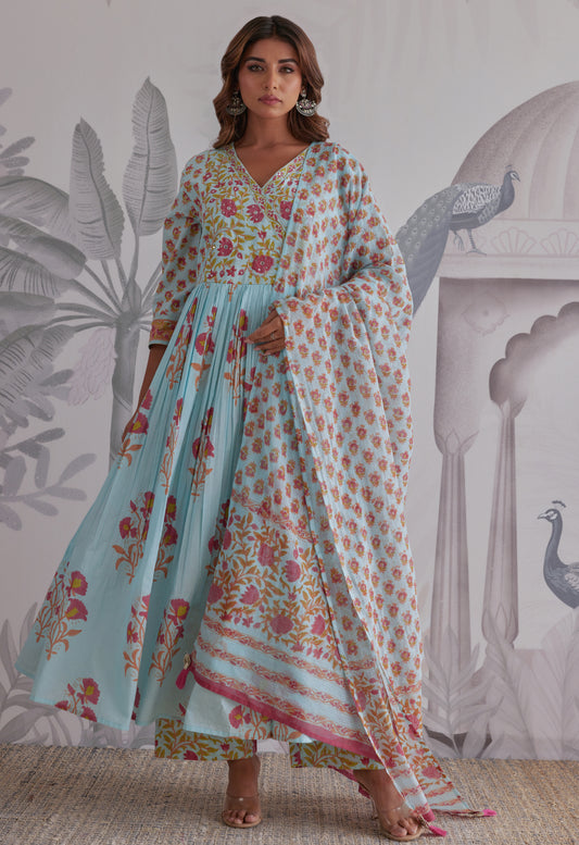 Blue Floral Printed Anarkali Suit Set
