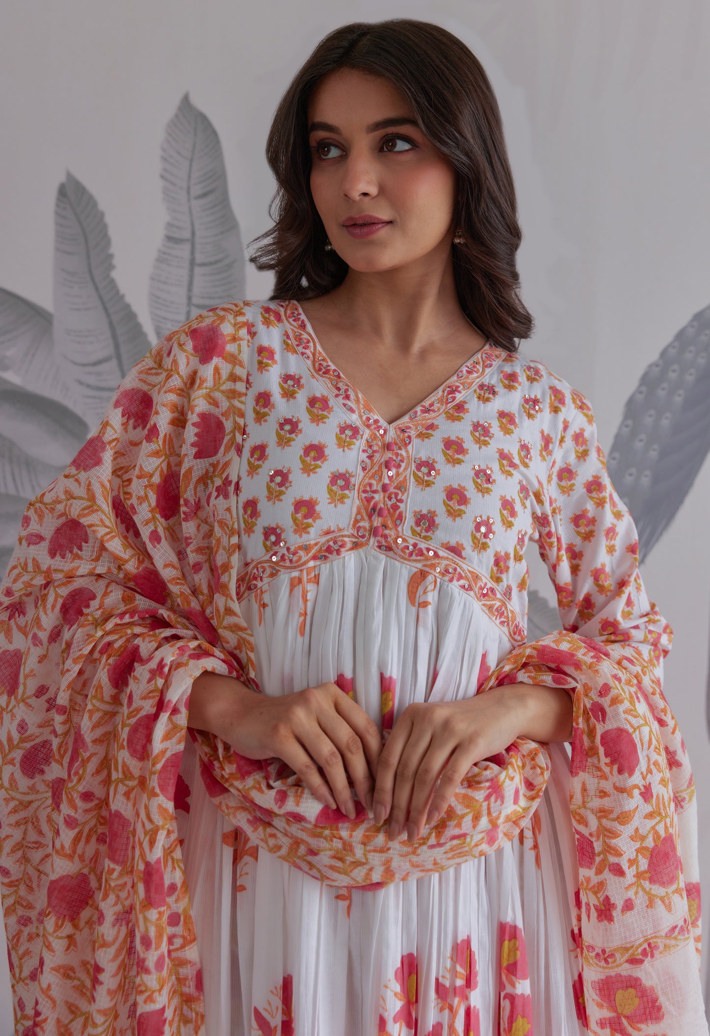 White Floral Printed Anarkali Suit Set