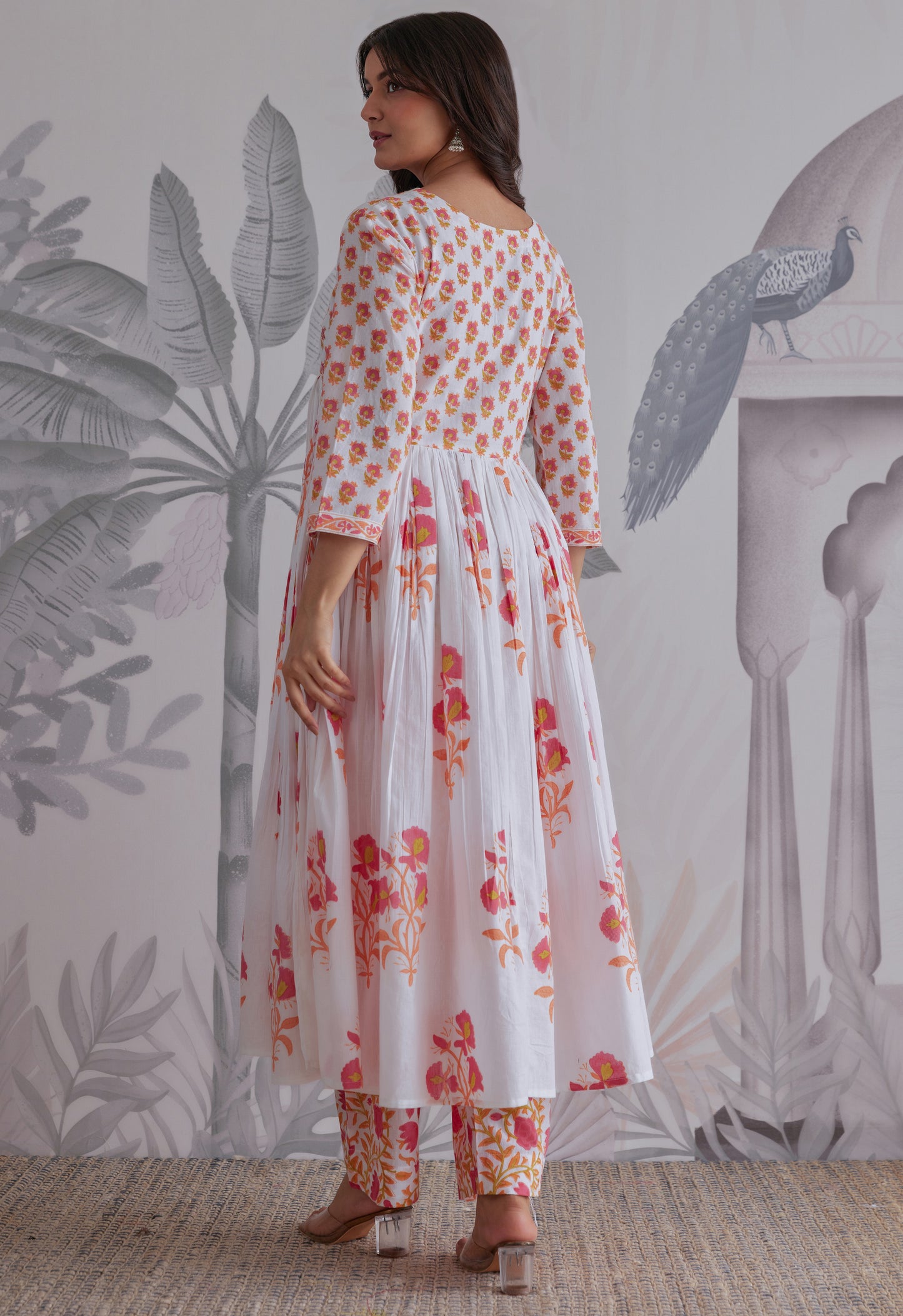 White Floral Printed Anarkali Suit Set