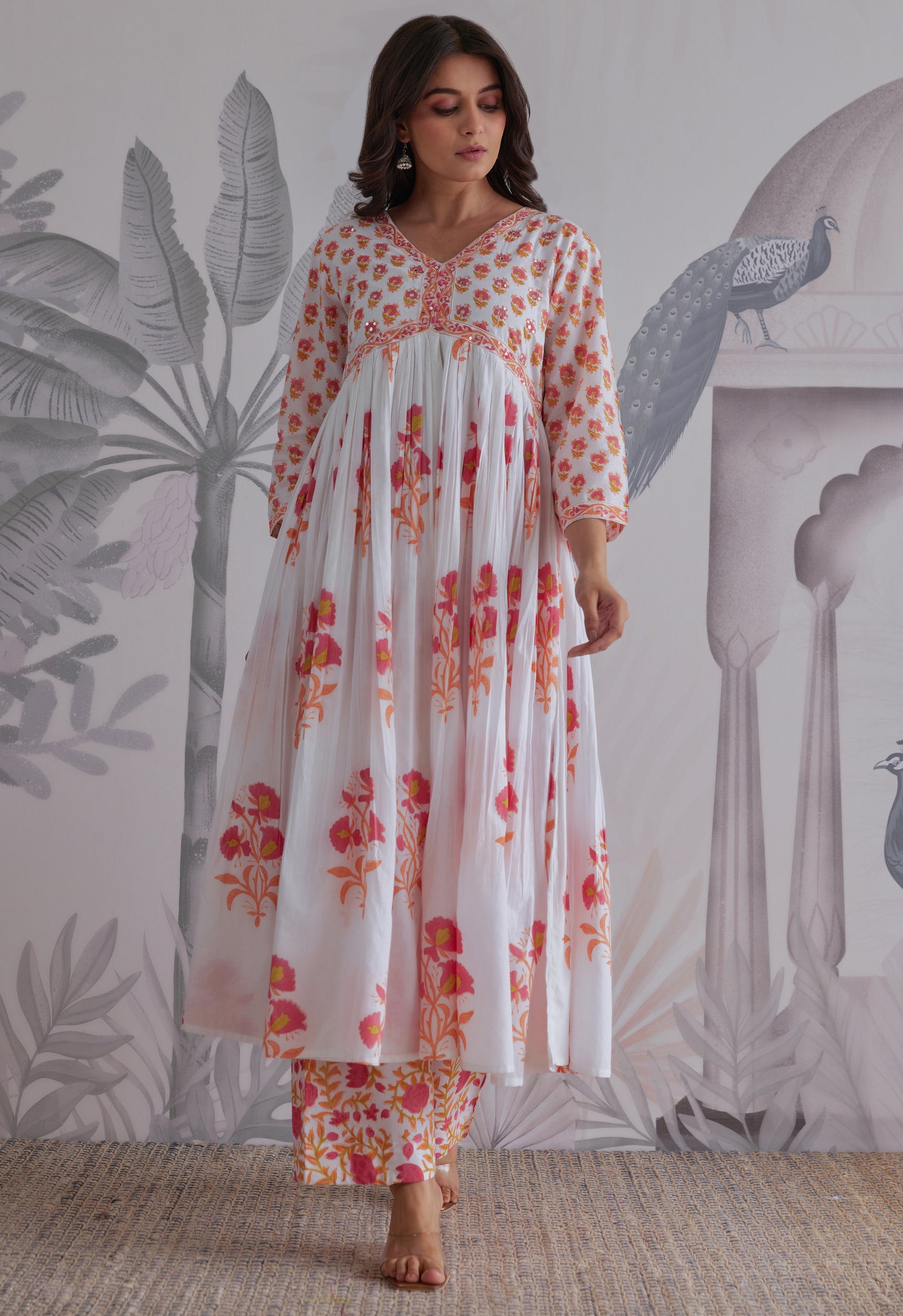 White Floral Printed Anarkali Suit Set