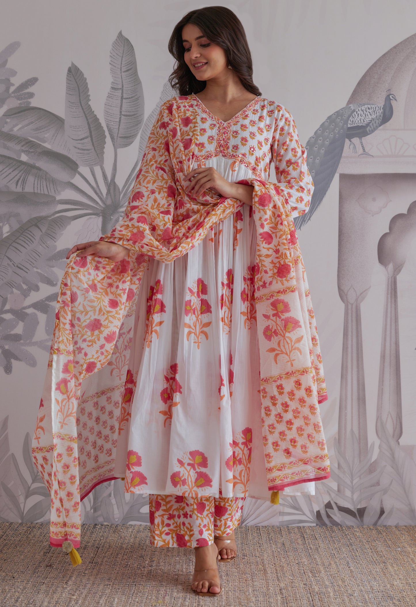 White Floral Printed Anarkali Suit Set
