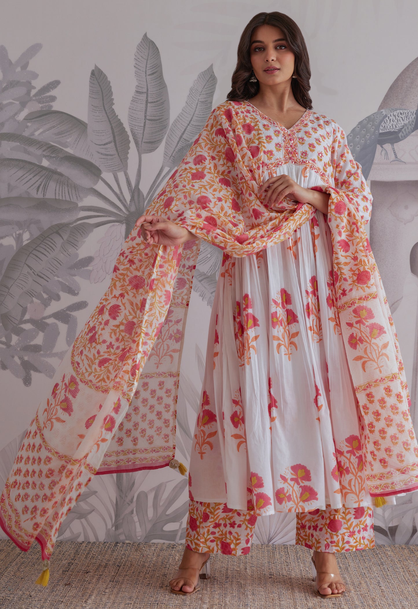 White Floral Printed Anarkali Suit Set