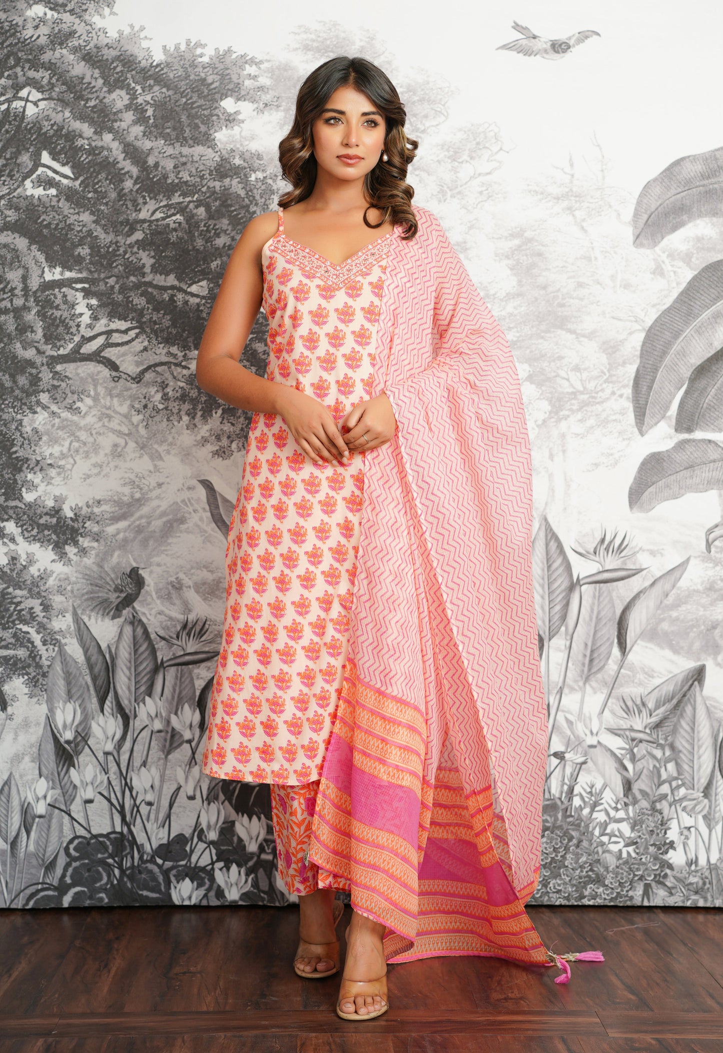 Peach Floral Printed Strappy Suit set
