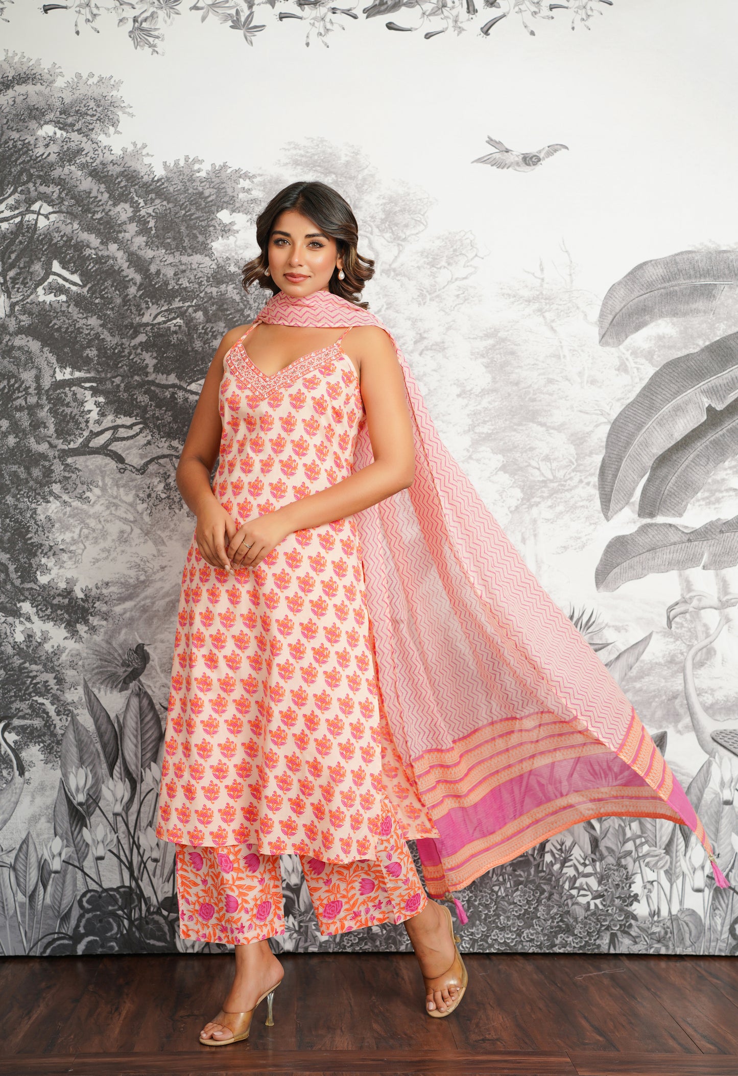 Peach Floral Printed Strappy Suit set