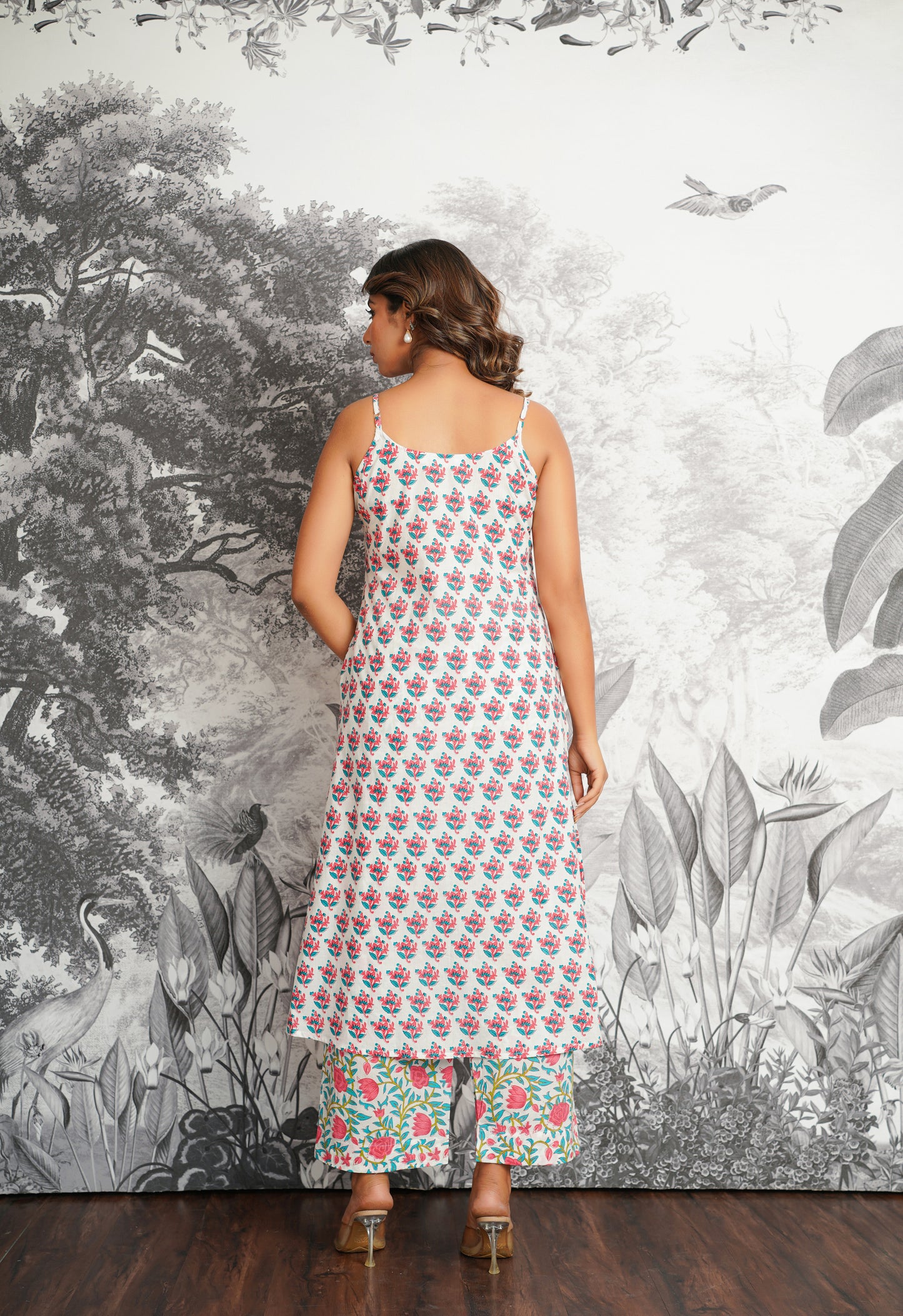 Pink-Blue Floral Printed Strappy Suit set