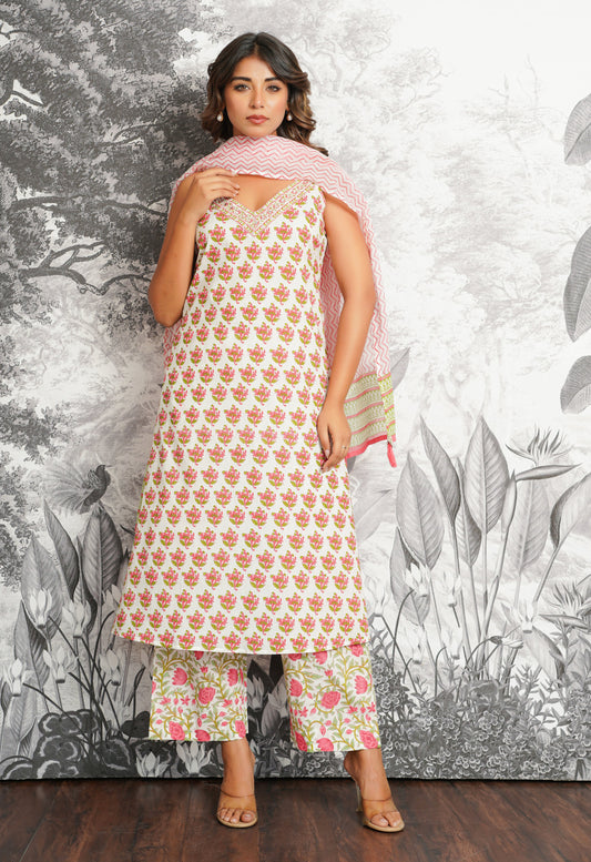 Pink-Green Floral Printed Strappy Suit set