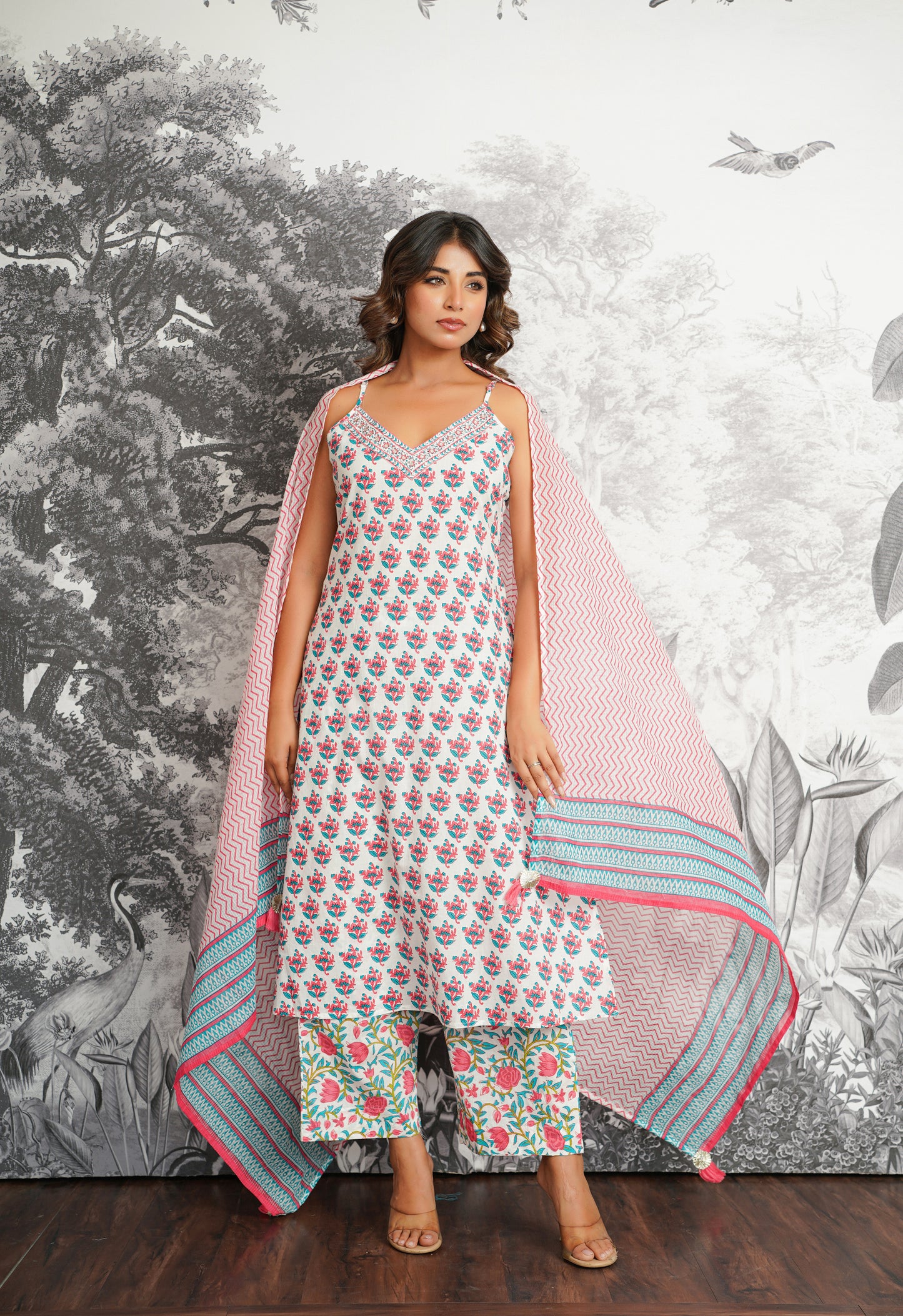 Pink-Blue Floral Printed Strappy Suit set