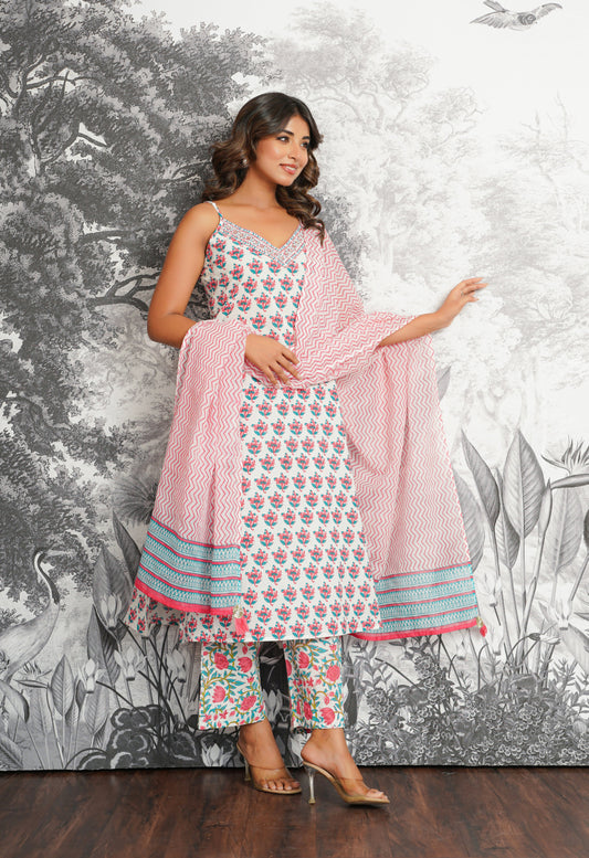 Pink-Blue Floral Printed Strappy Suit set